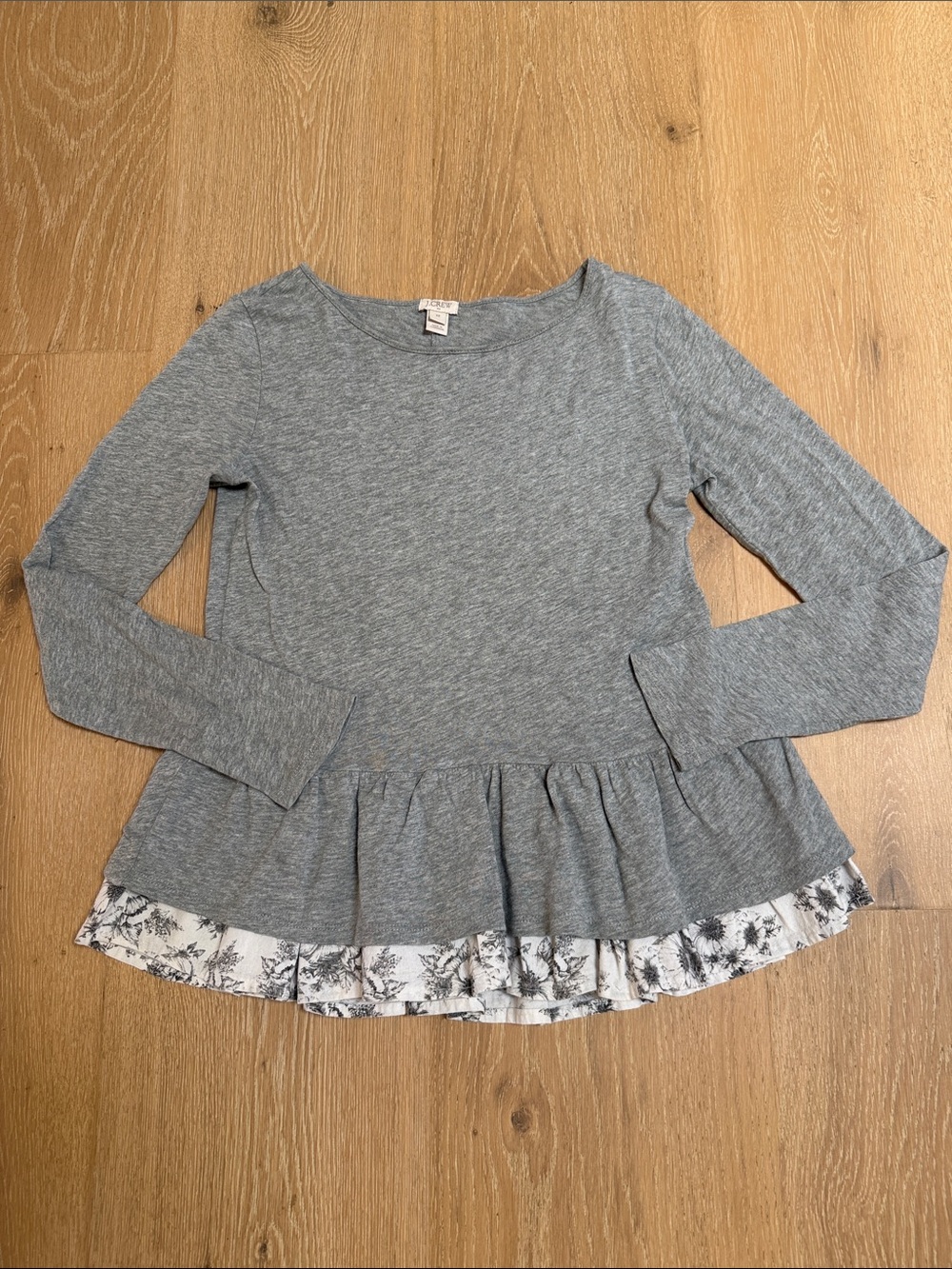 J. Crew Heather Gray Long-Sleeve Ruffle Peplum Top with Printed Trim